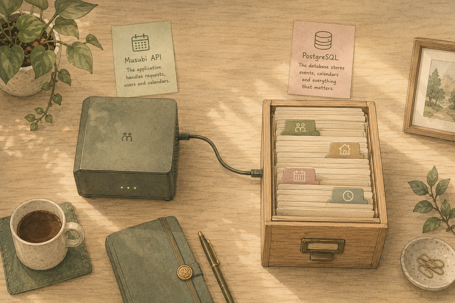 A calendar application connected to a separate event archive, illustrating one source of truth for shared events