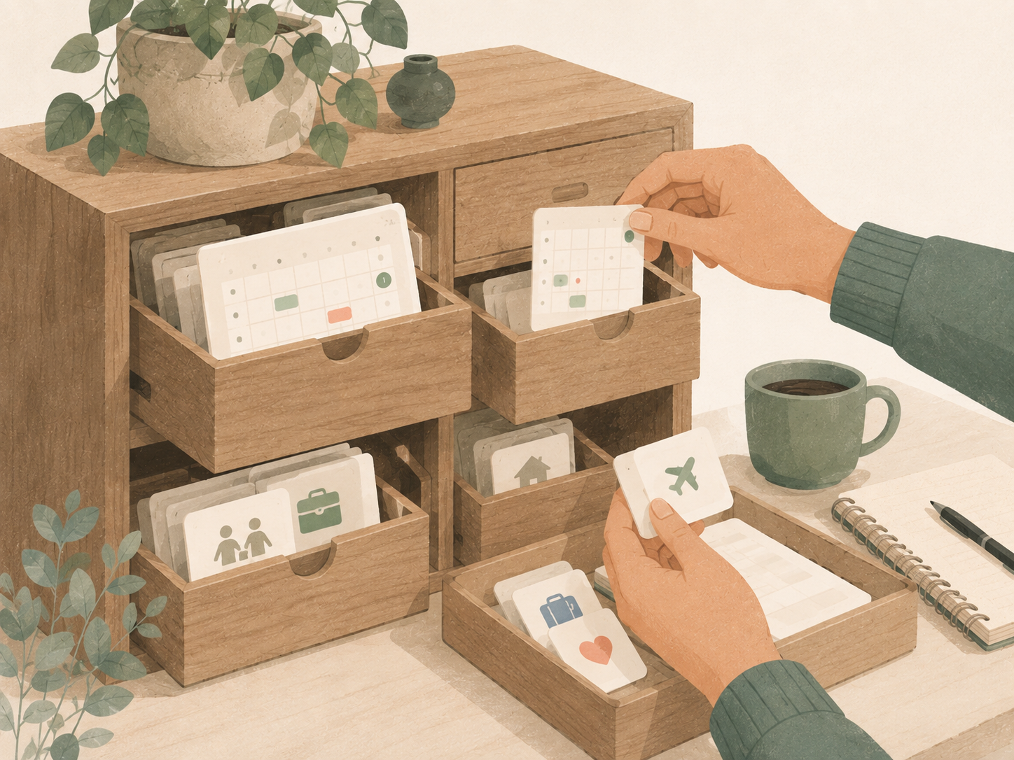 Calendar components organised in separate wooden drawers for reuse and modification