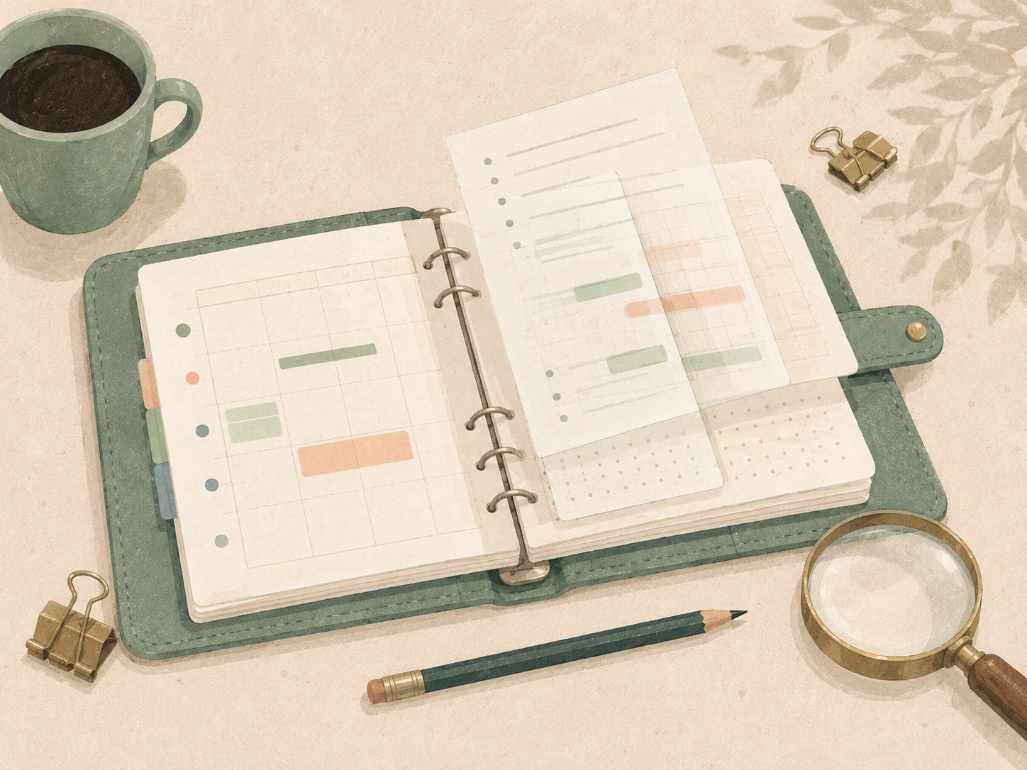 An open ring planner with transparent calendar layers and a magnifying glass