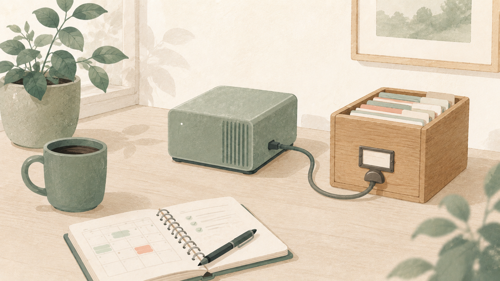 A compact server connected to a separate wooden archive representing the calendar database