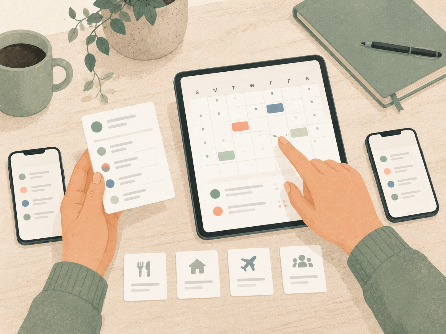 Planning shared events on a tablet with iPhone and Android calendars nearby