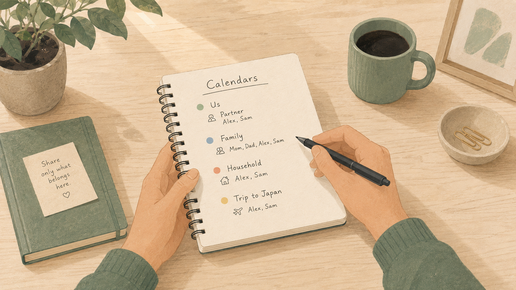 Organising separate calendars for a partner, family, household and trip