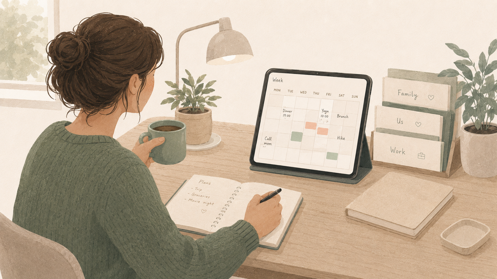 A person planning with separate personal, shared, family and work calendars