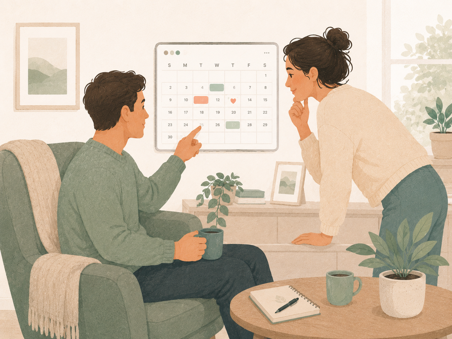 Couple discussing plans using a private shared monthly calendar