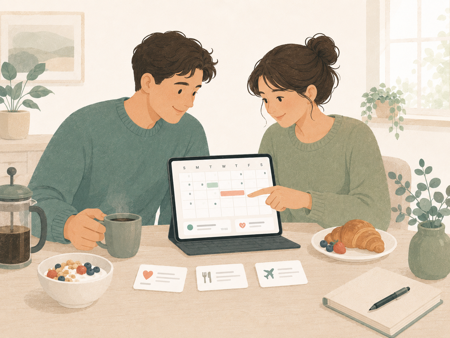 Couple planning their week together with a shared calendar over breakfast