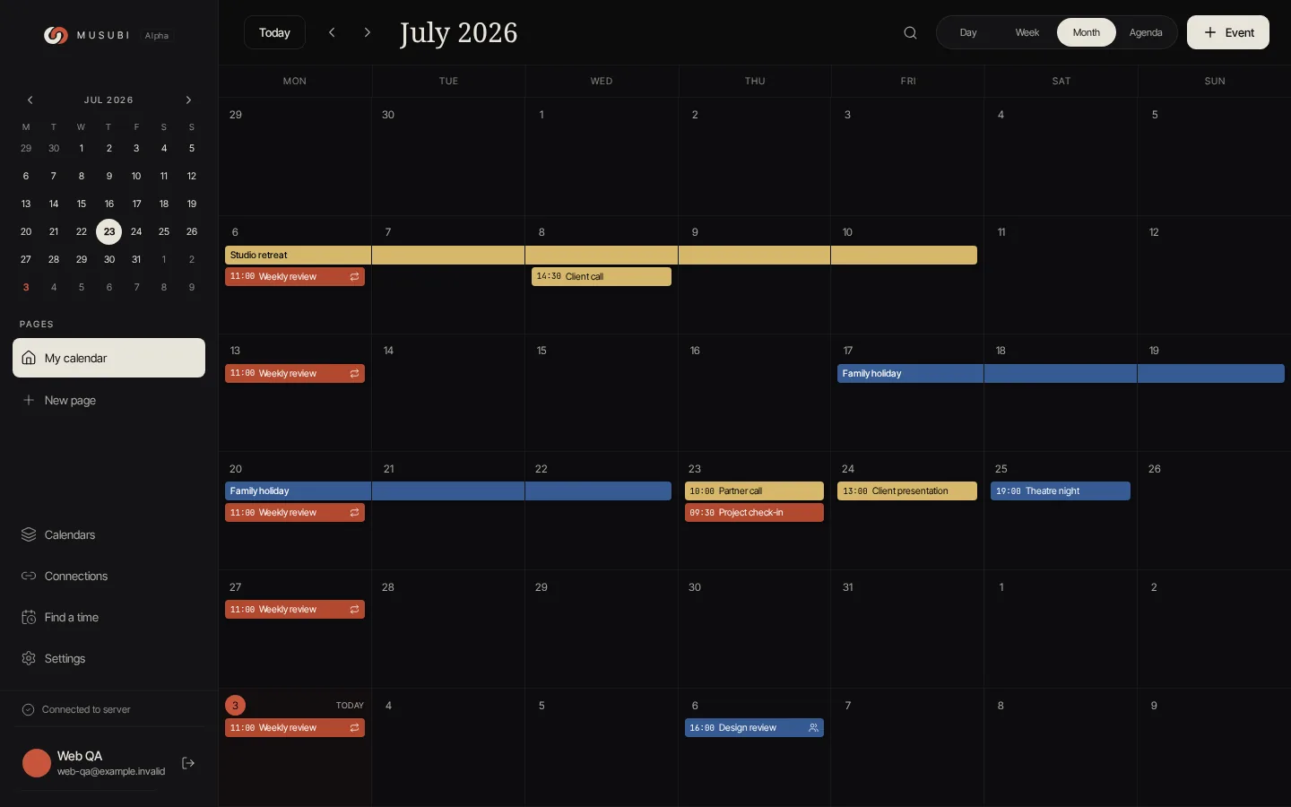 Musubi month view showing a shared family calendar