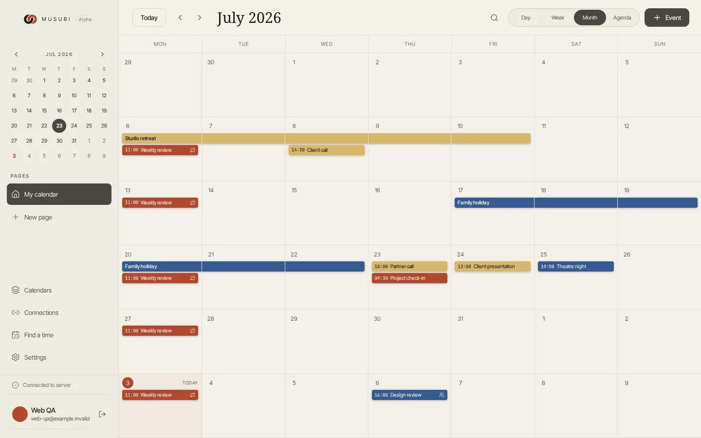 Musubi month view showing a shared family calendar