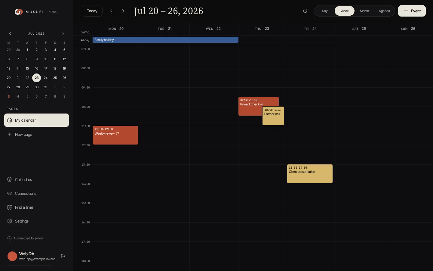 Musubi desktop week view with shared calendar events