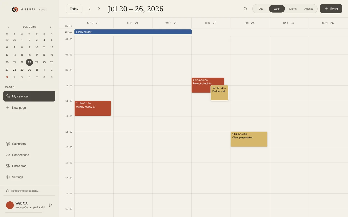 Musubi desktop week view with shared calendar events
